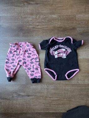 Harley Davidson Motorcycle Biker Baby Girl Pink Onesie and Pants Size 3-6M